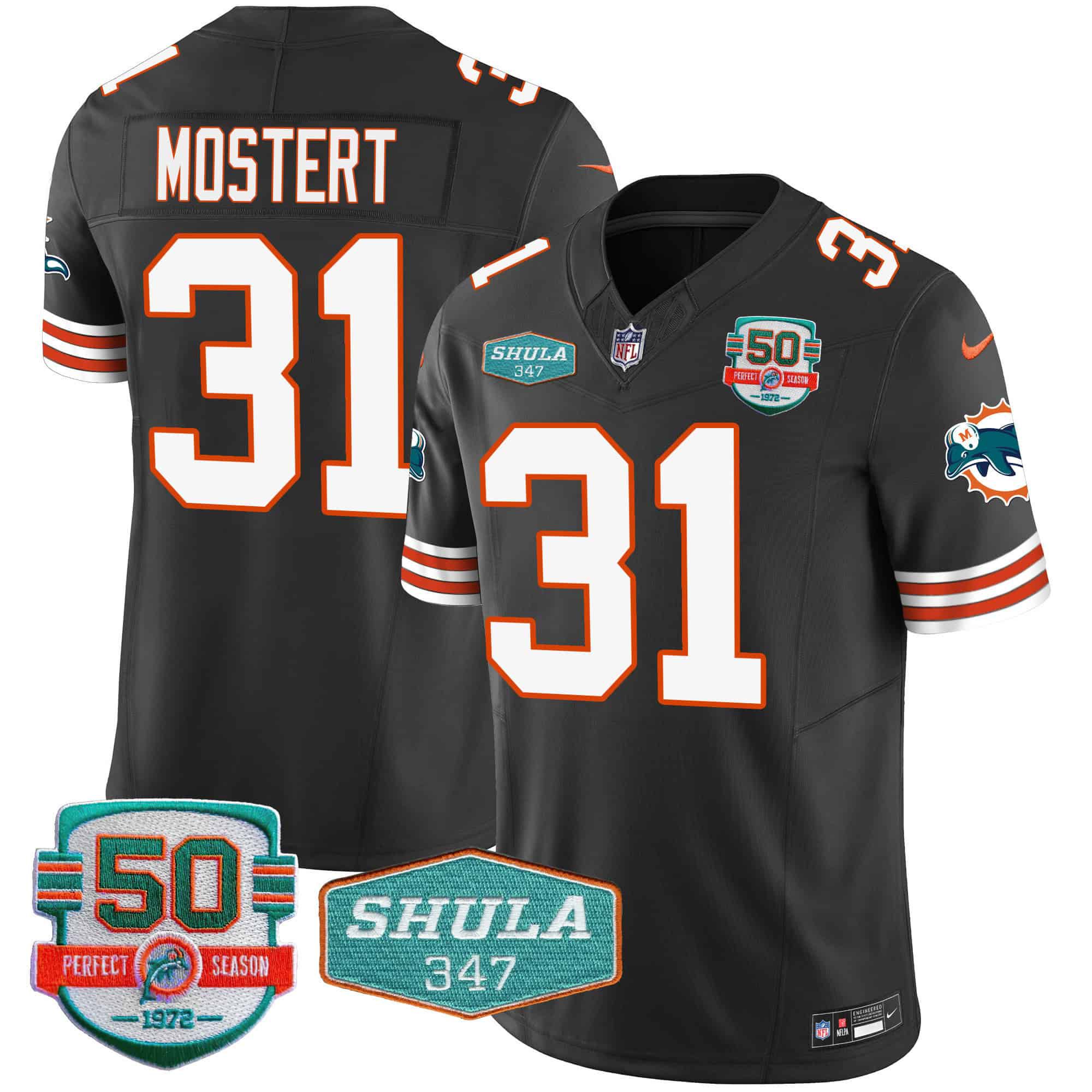 Men Miami Dolphins #31 Mostert Black 2024 Nike Throwback Shula 347 Patch Vapor NFL Jersey style 1